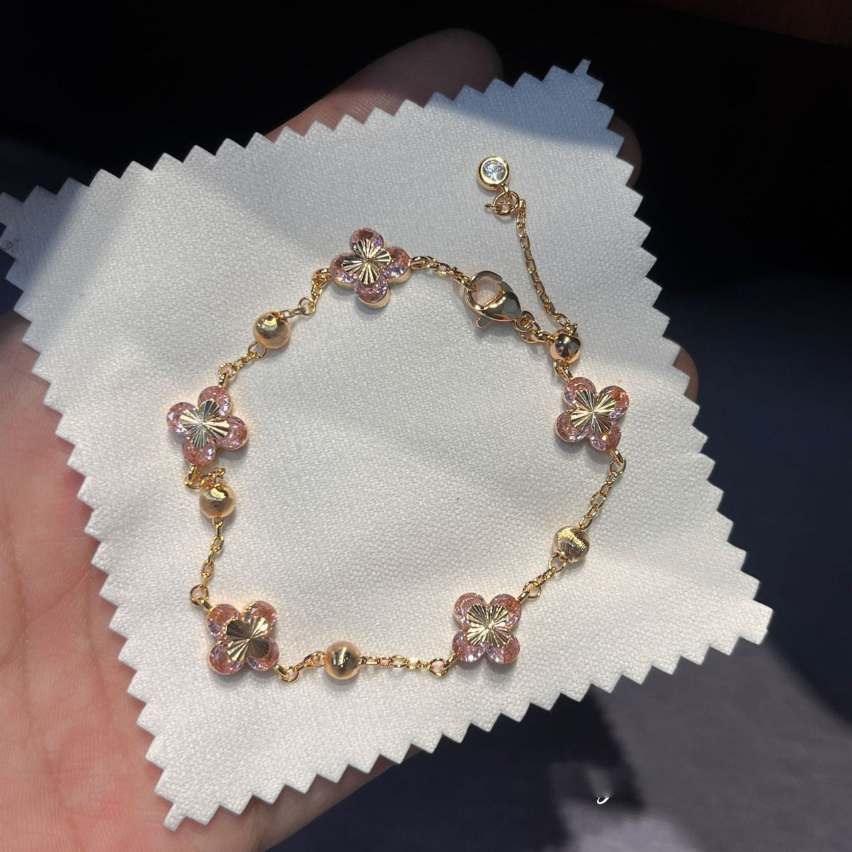 Pink Zirconia Flower Bracelet — pink bracelet, view 4