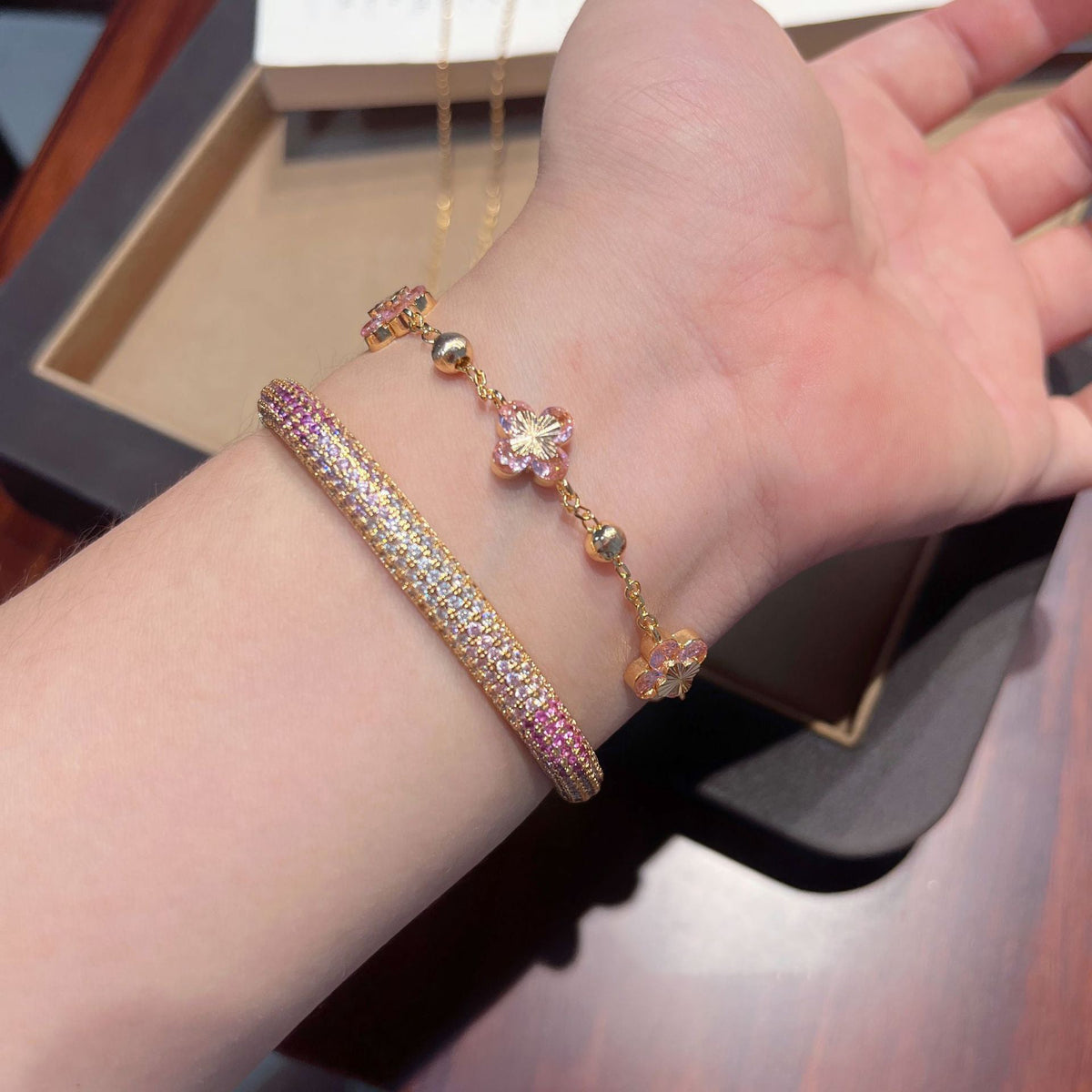 Pink Zirconia Flower Bracelet — pink bracelet, view 5