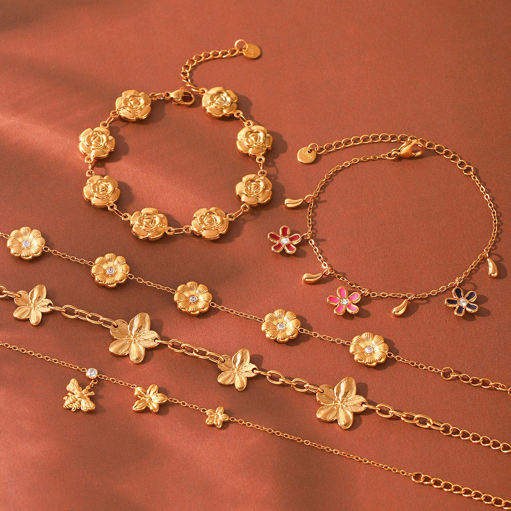 Rhinestone Flower Chain Bracelet — gold bracelet, view 3
