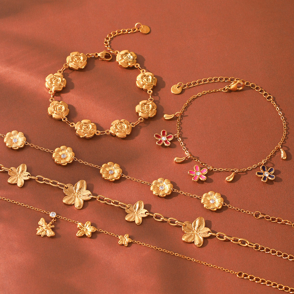 Rhinestone Flower Chain Bracelet — gold bracelet, view 3