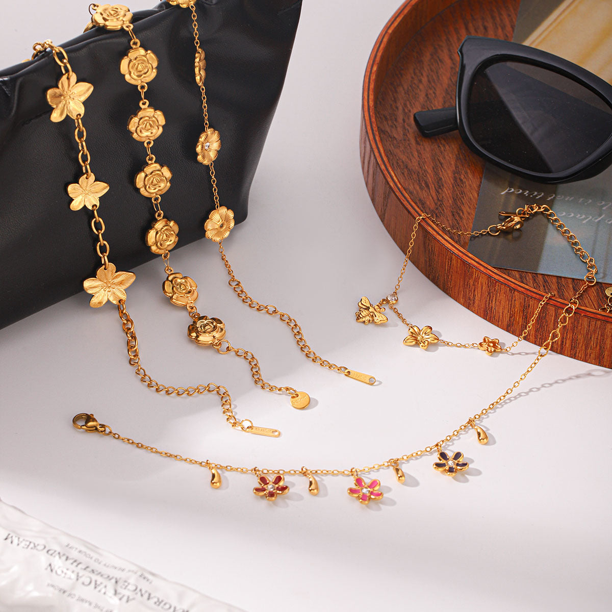 Rhinestone Flower Chain Bracelet — gold bracelet, view 4