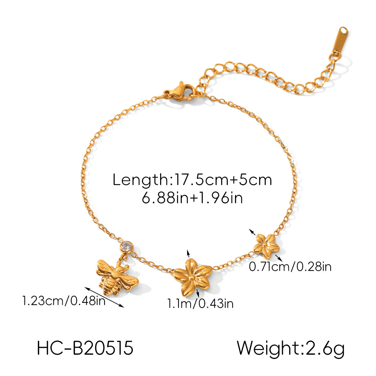Rhinestone Flower Chain Bracelet — gold bracelet, view 6