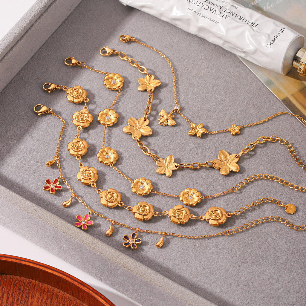 Rhinestone Flower Chain Bracelet — gold bracelet, view 10