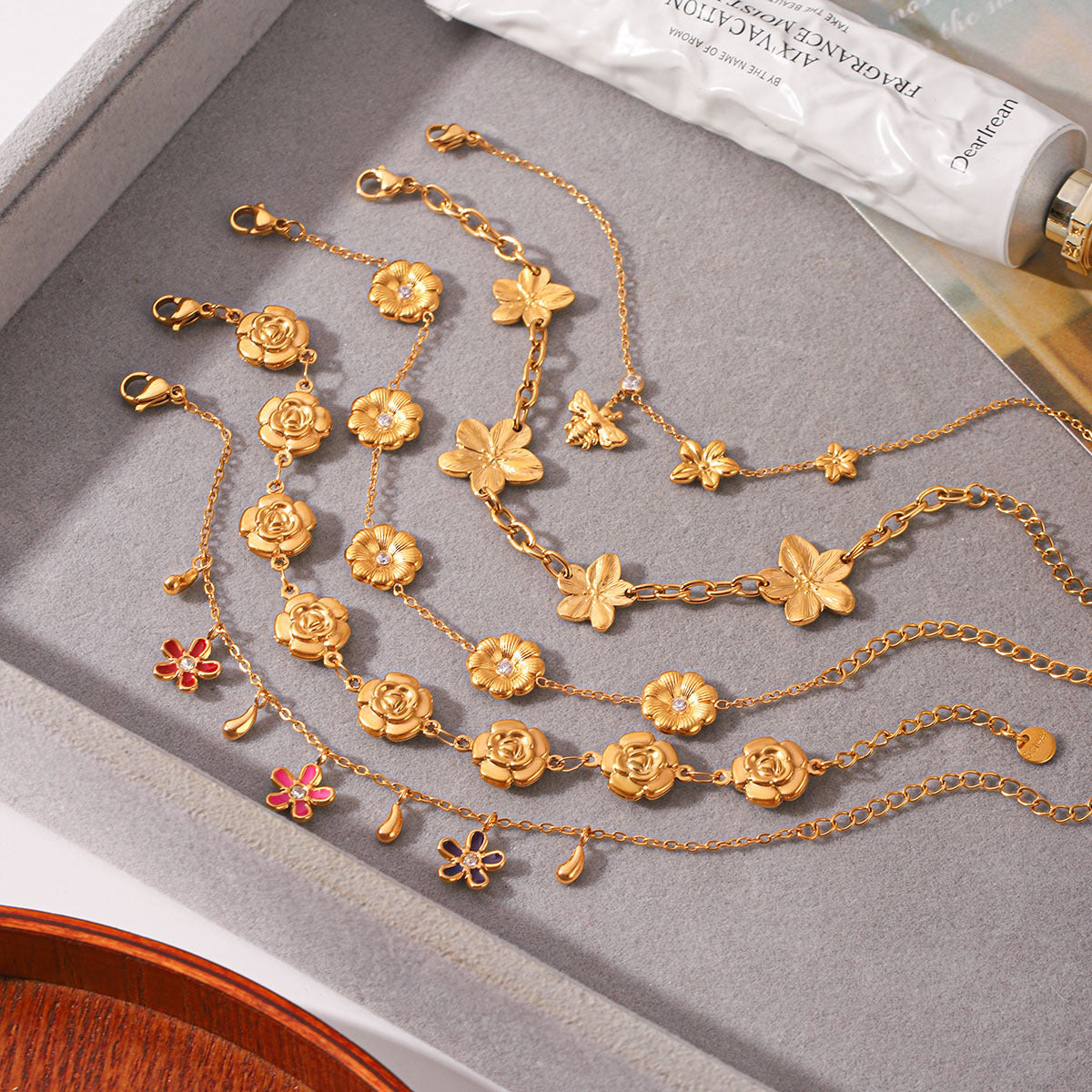 Rhinestone Flower Chain Bracelet — gold bracelet, view 10