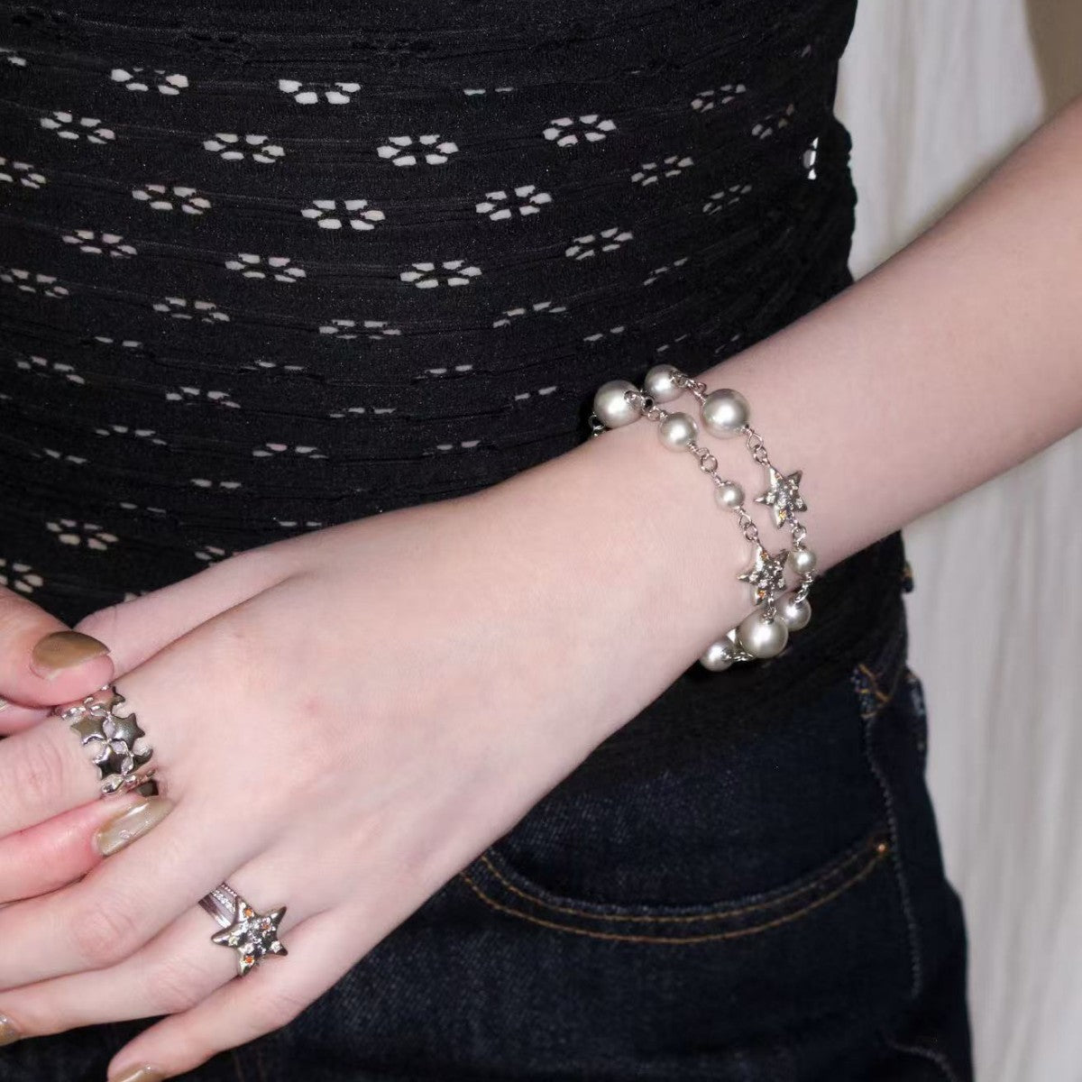 Double Layered Star Bracelet — silver bracelet, view 3