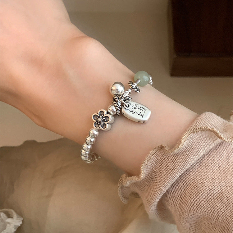 Silver Flower Charm Beaded Bracelet — silver bracelet, view 3