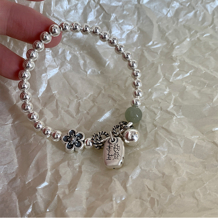 Silver Flower Charm Beaded Bracelet — silver bracelet, view 4