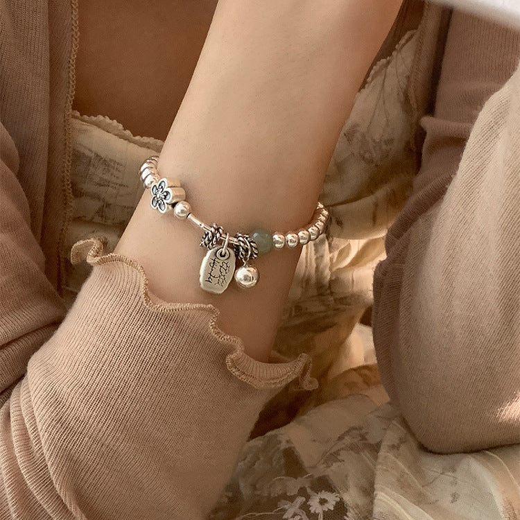 Silver Flower Charm Beaded Bracelet — silver bracelet, view 5
