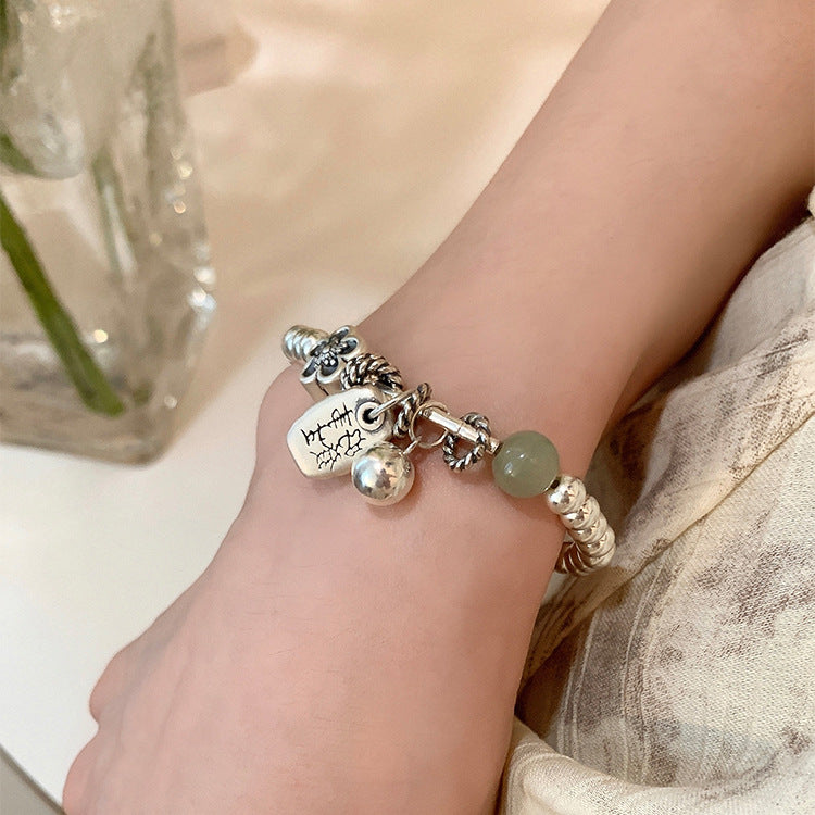 Silver Flower Charm Beaded Bracelet — silver bracelet, view 6