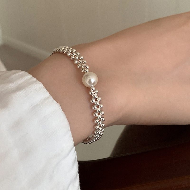 Pearl Charm Braided Bracelet — silver bracelet, view 2