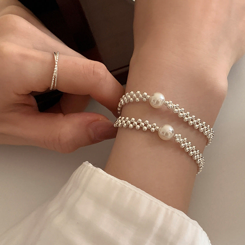 Pearl Charm Braided Bracelet — silver bracelet, view 3