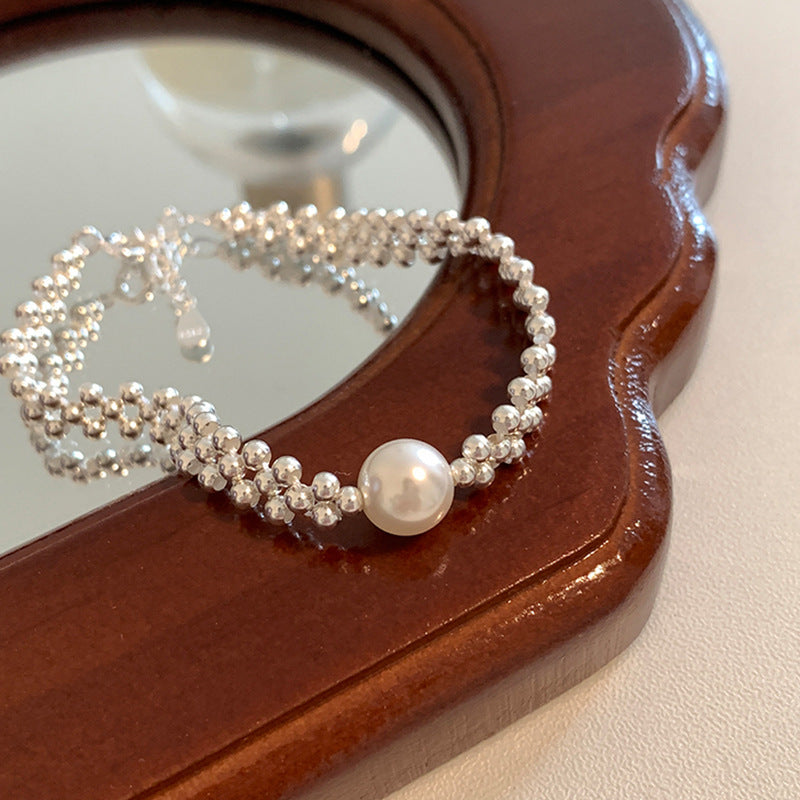 Pearl Charm Braided Bracelet — silver bracelet, view 6