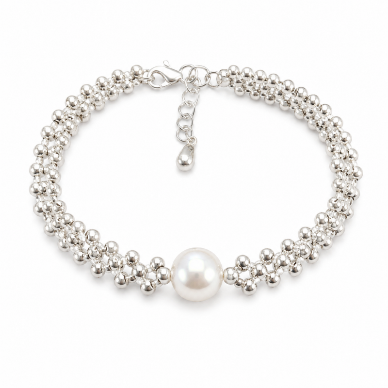 Pearl Charm Braided Bracelet — silver bracelet, view 7