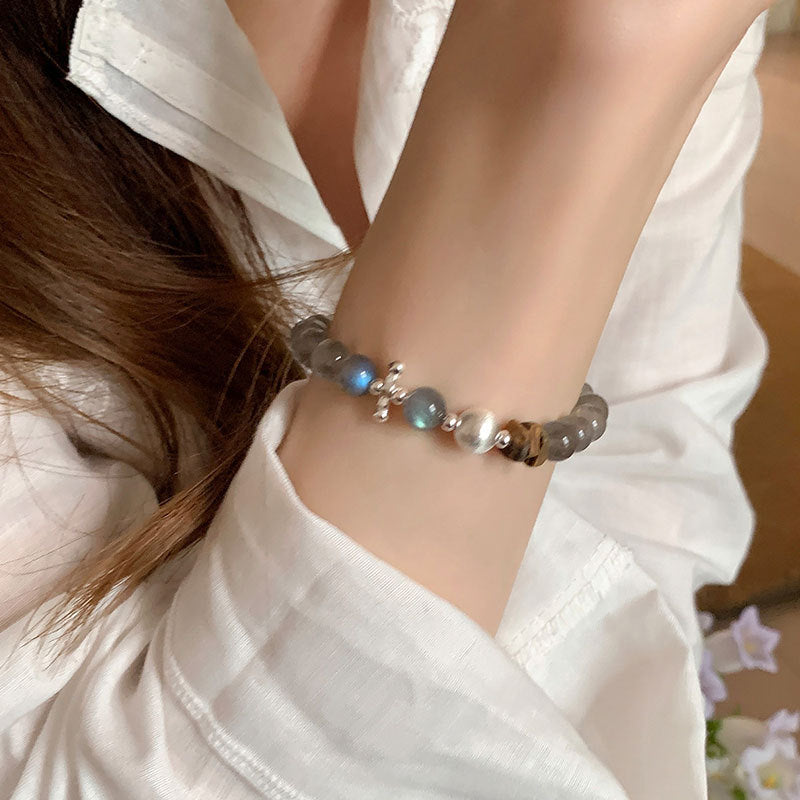Cat's Eye Stone Stretch Bracelet — grey bracelet, view 4