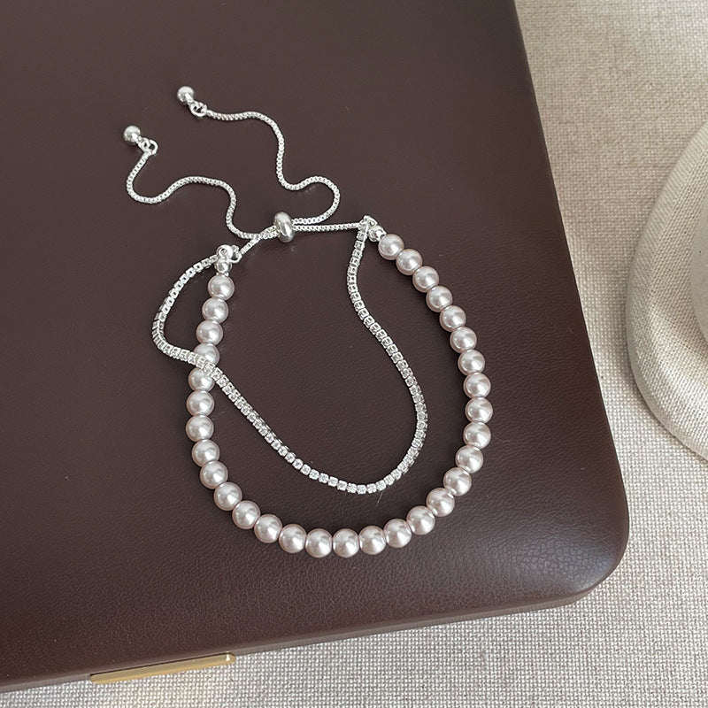 Double Layer Pearl Zirconia Bracelet — bracelet, view 3
