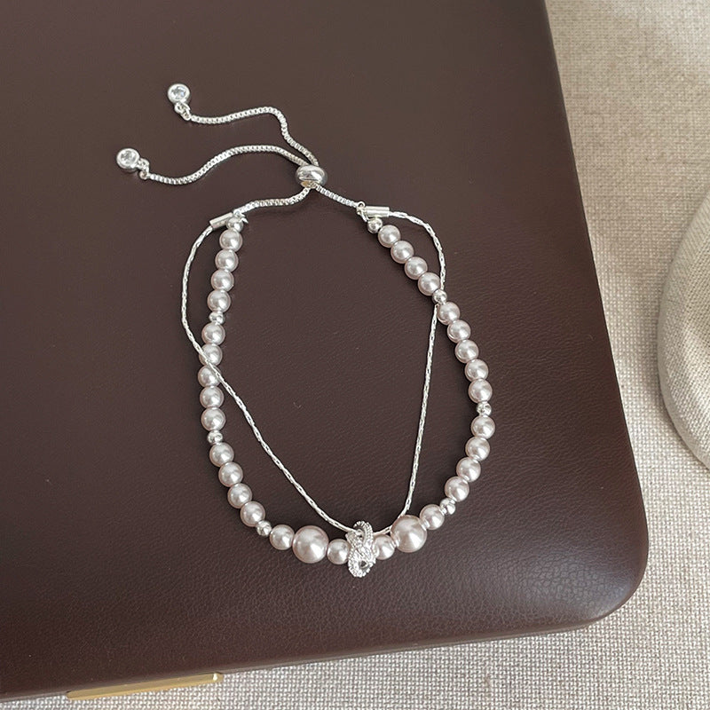 Double Layer Pearl Zirconia Bracelet — bracelet, view 4