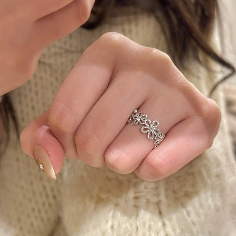 Lace Floral Rhinestone Ring — silver ring, view 2