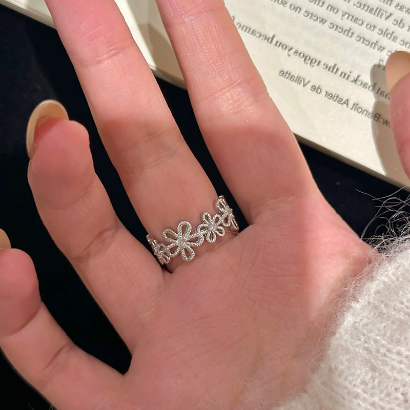 Lace Floral Rhinestone Ring — silver ring, view 3