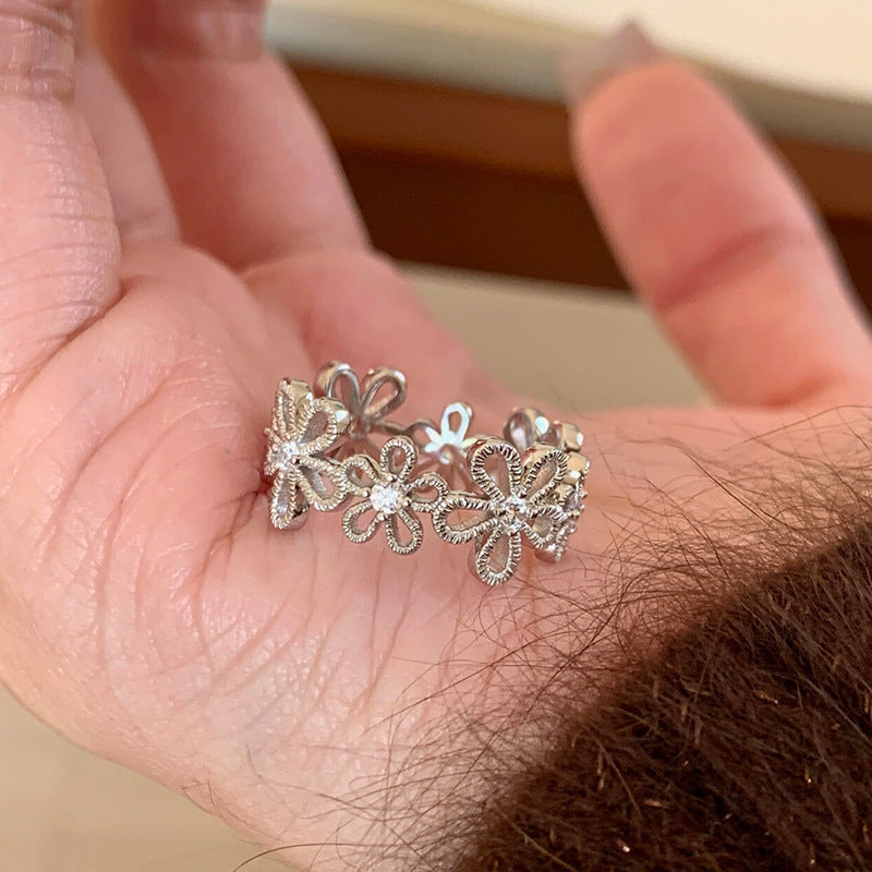 Lace Floral Rhinestone Ring — silver ring, view 5
