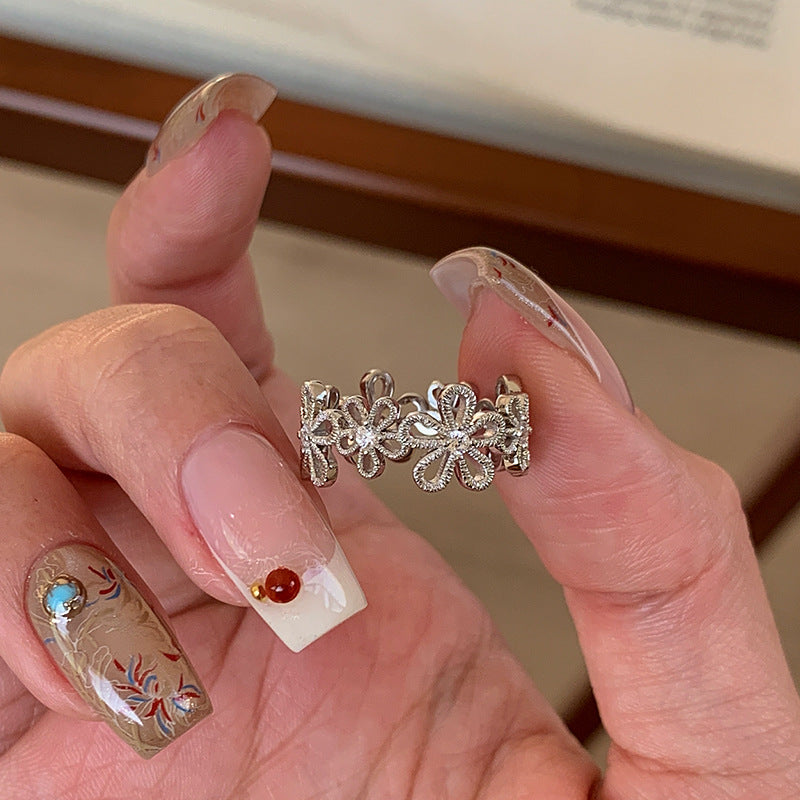 Lace Floral Rhinestone Ring — silver ring, view 6