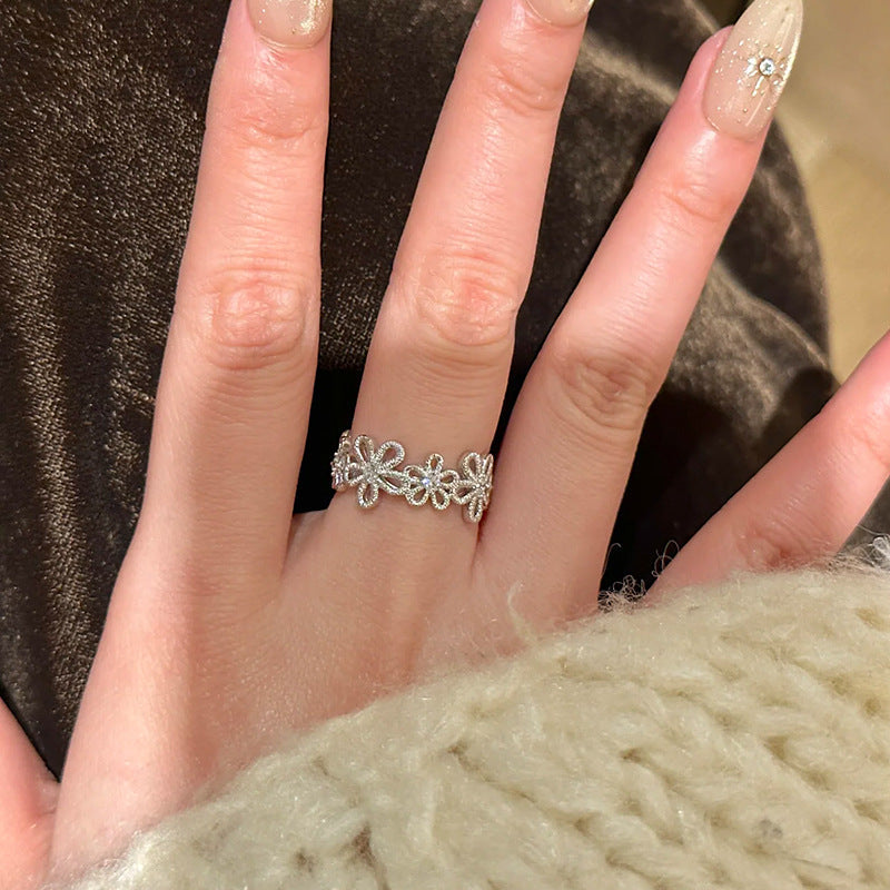 Lace Floral Rhinestone Ring — silver ring, view 7
