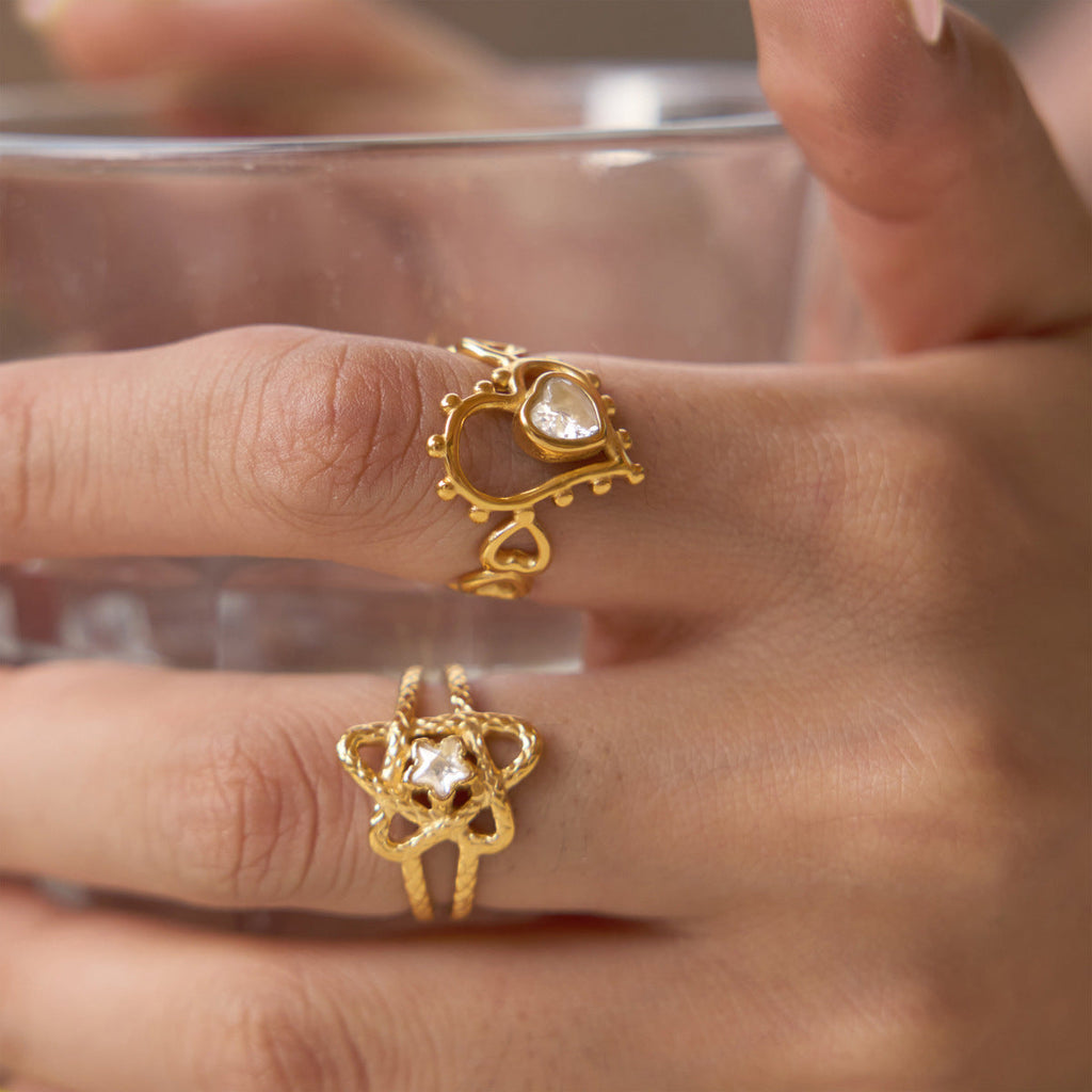 Hollow Heart Zircon Ring — gold ring, view 2