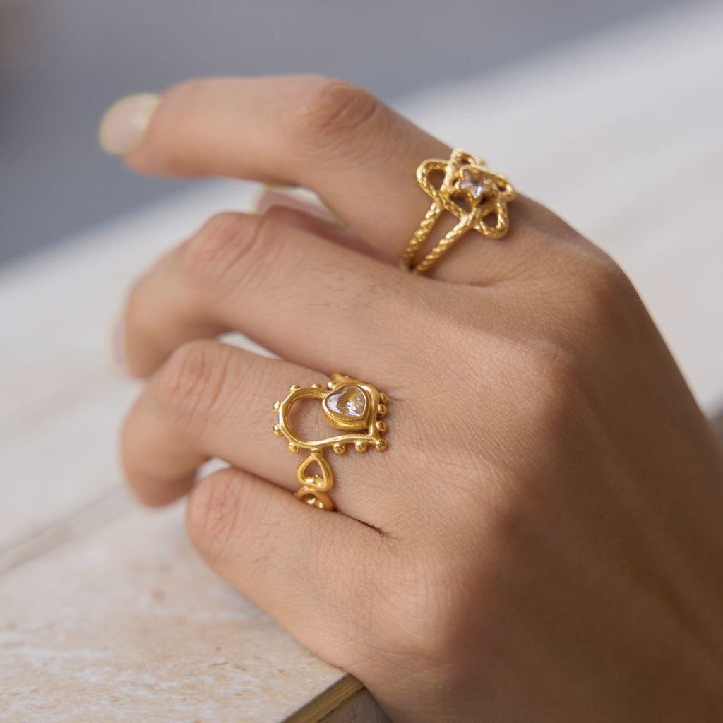 Hollow Heart Zircon Ring — gold ring, view 3