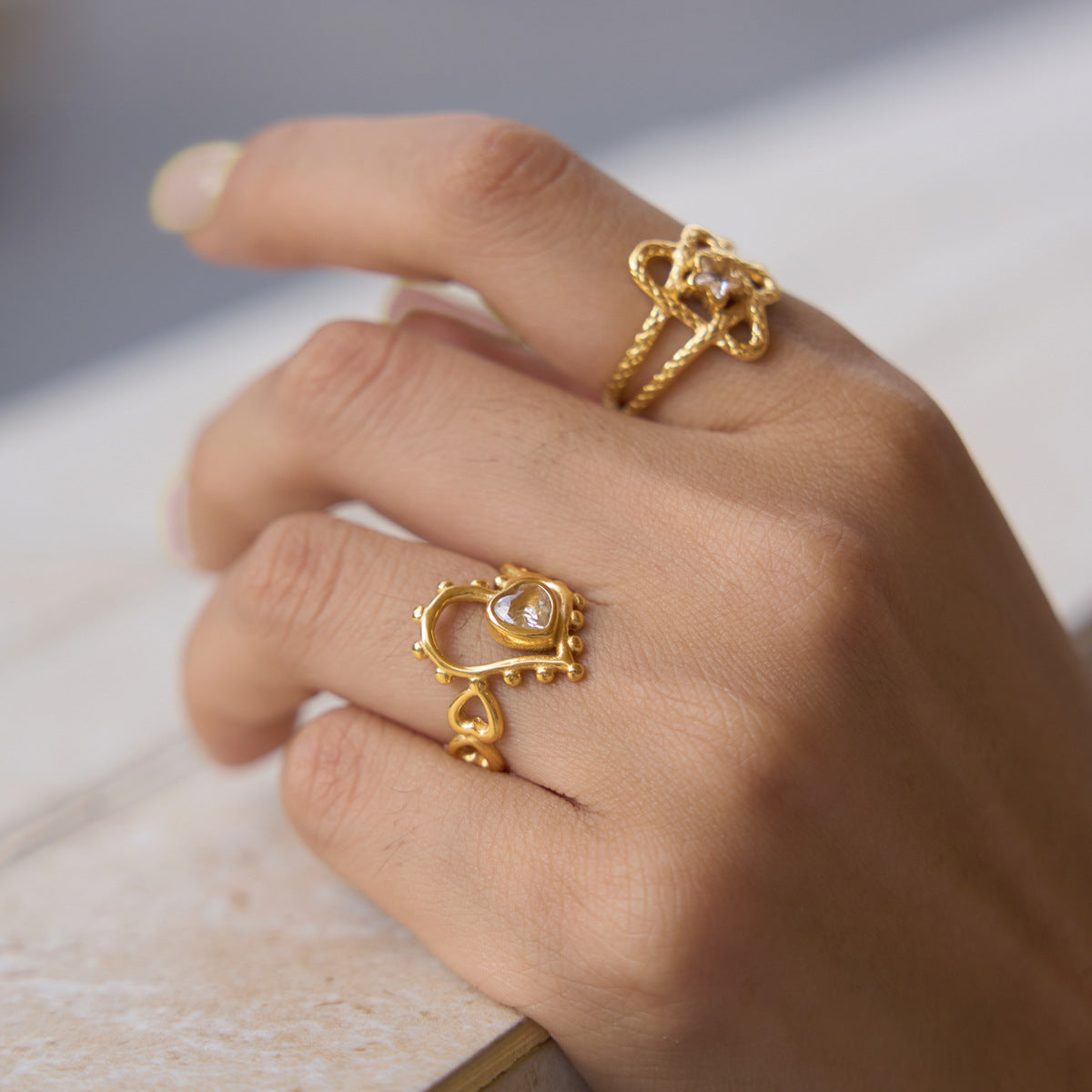 Hollow Heart Zircon Ring — gold ring, view 3