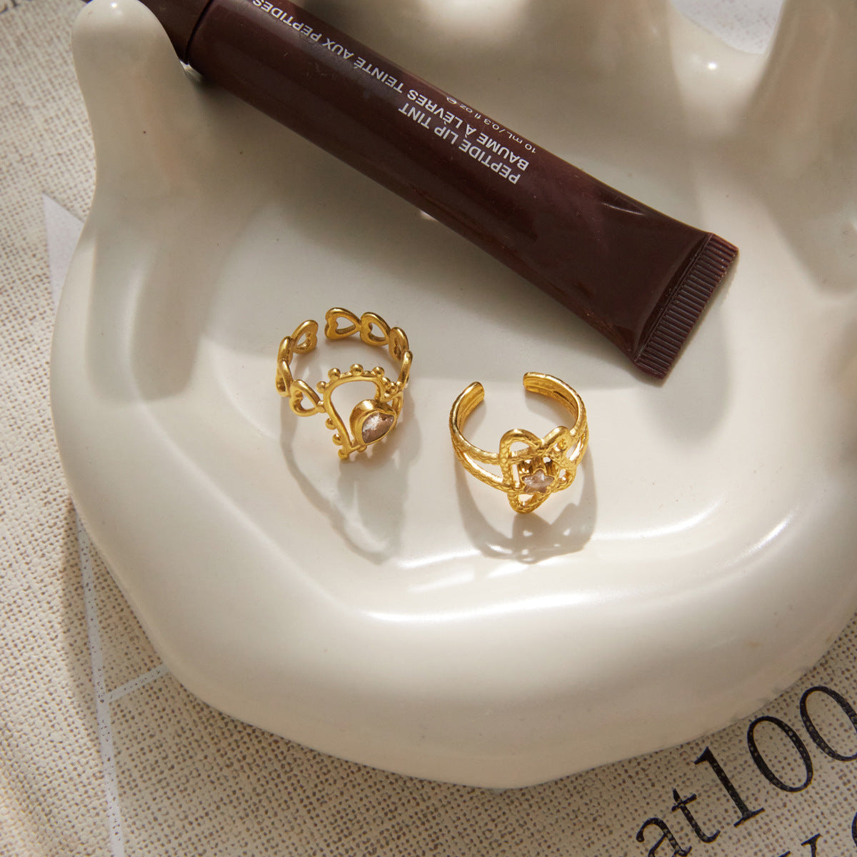 Hollow Heart Zircon Ring — gold ring, view 4