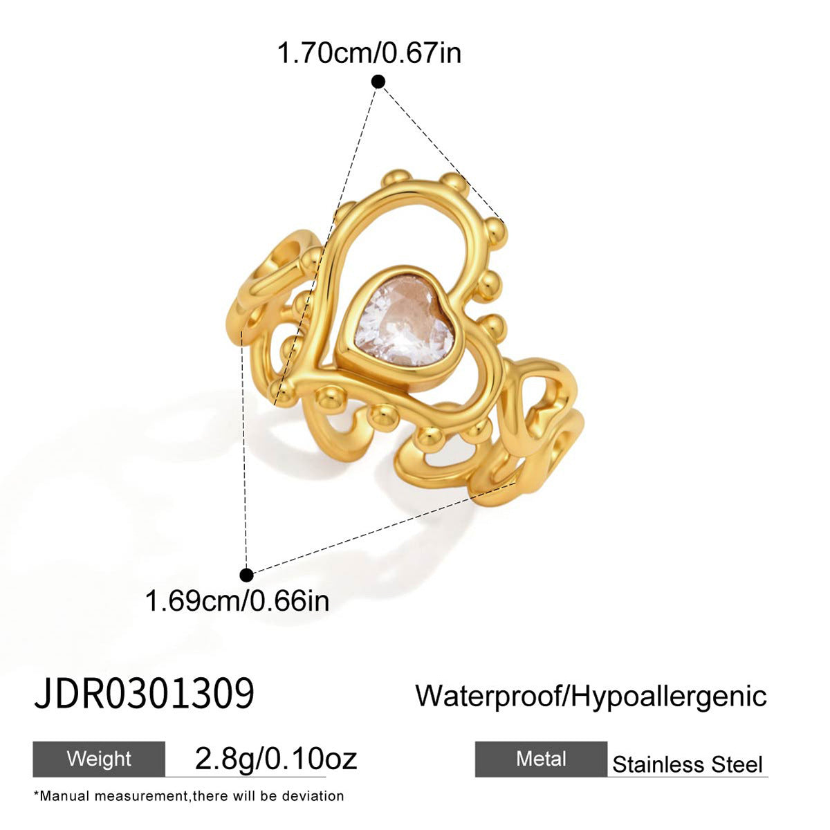 Hollow Heart Zircon Ring — gold ring, view 6