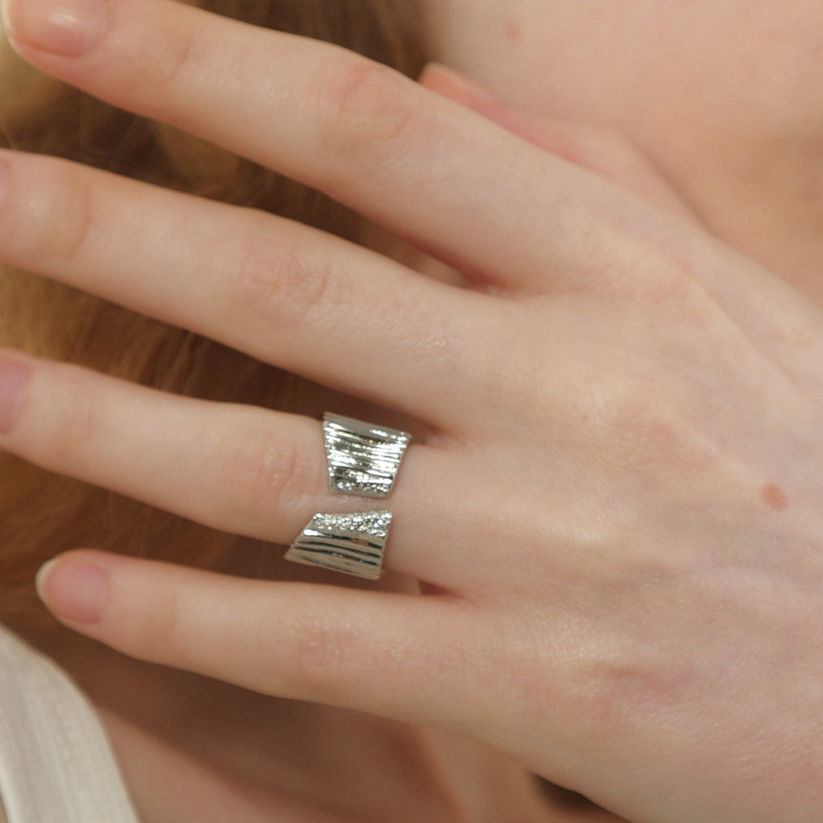 Oversize Striped Texture Ring — silver ring, view 2