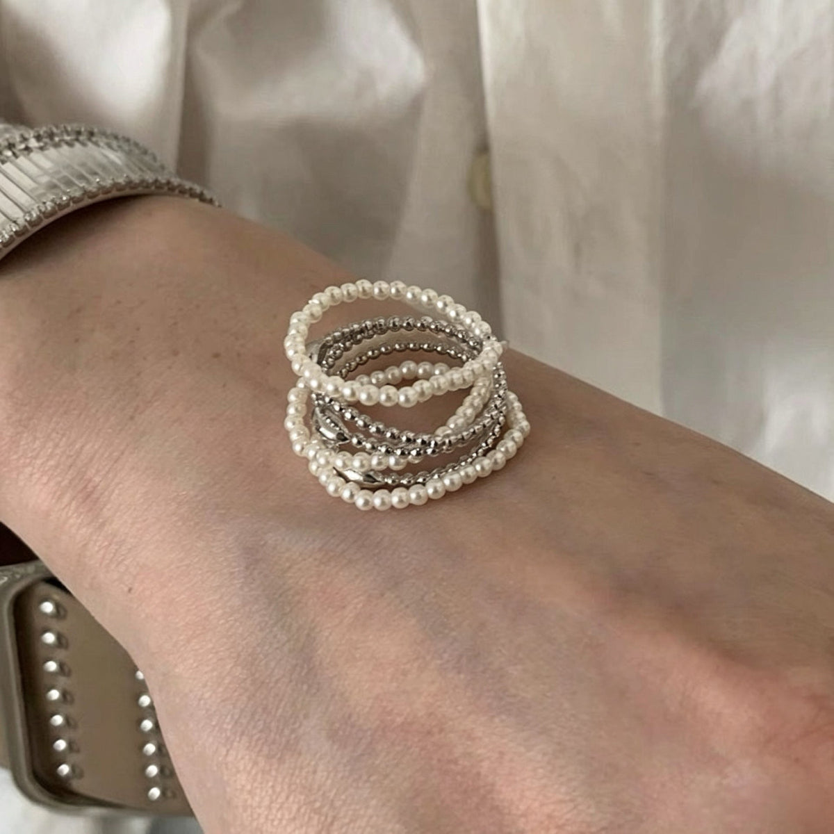 Beaded Chain Pearl-Style Ring — silver ring, view 2