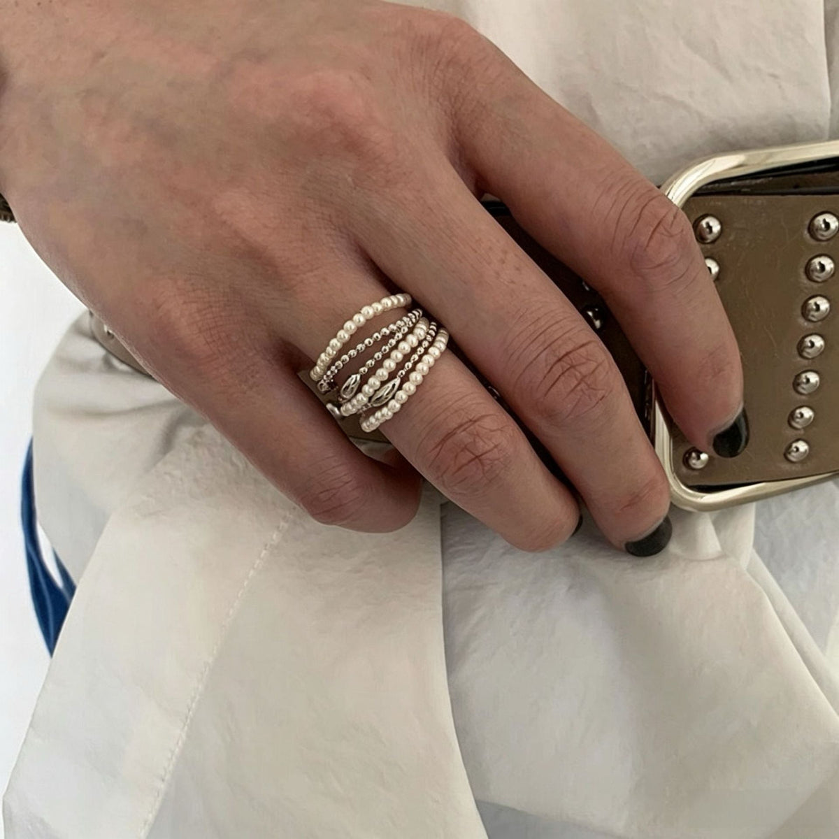 Beaded Chain Pearl-Style Ring — silver ring, view 3