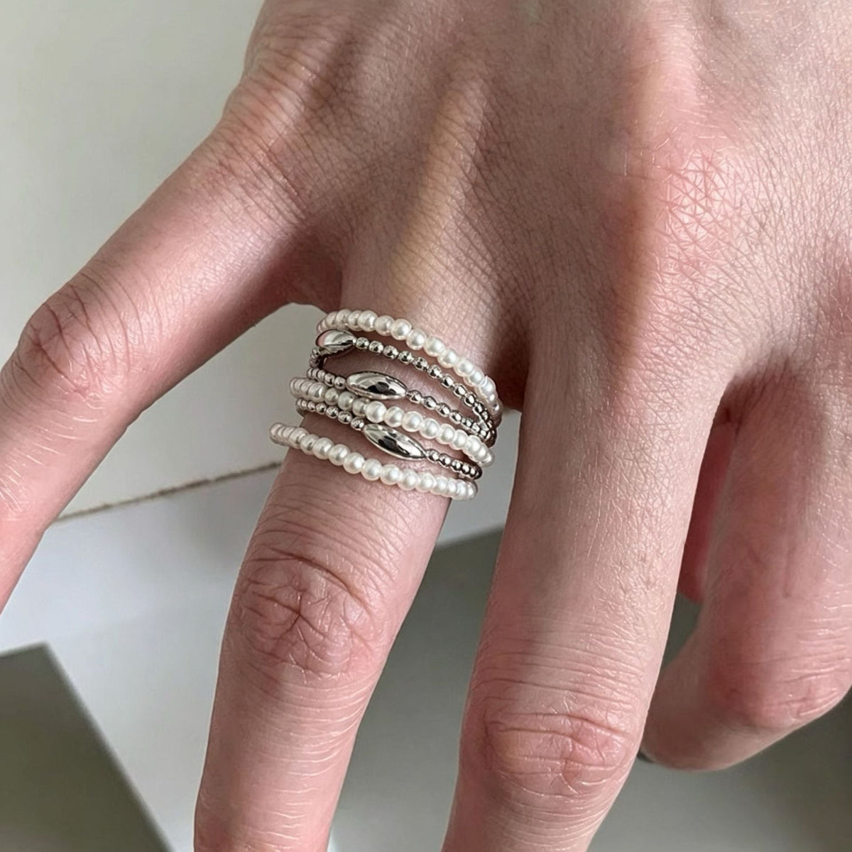 Beaded Chain Pearl-Style Ring — silver ring, view 4