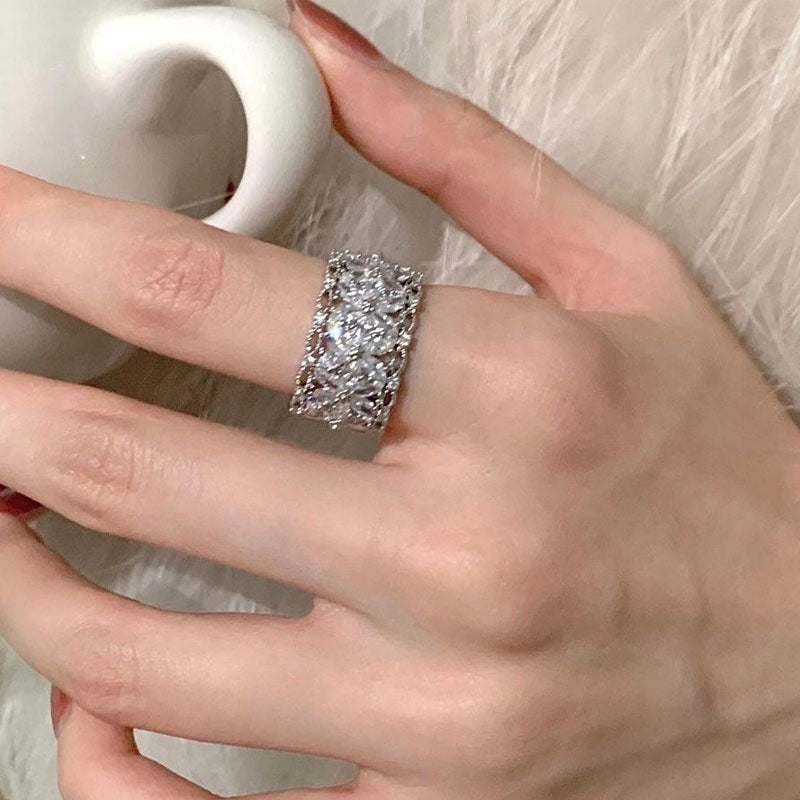 Floral Hollow Zircon Ring — silver ring, view 2