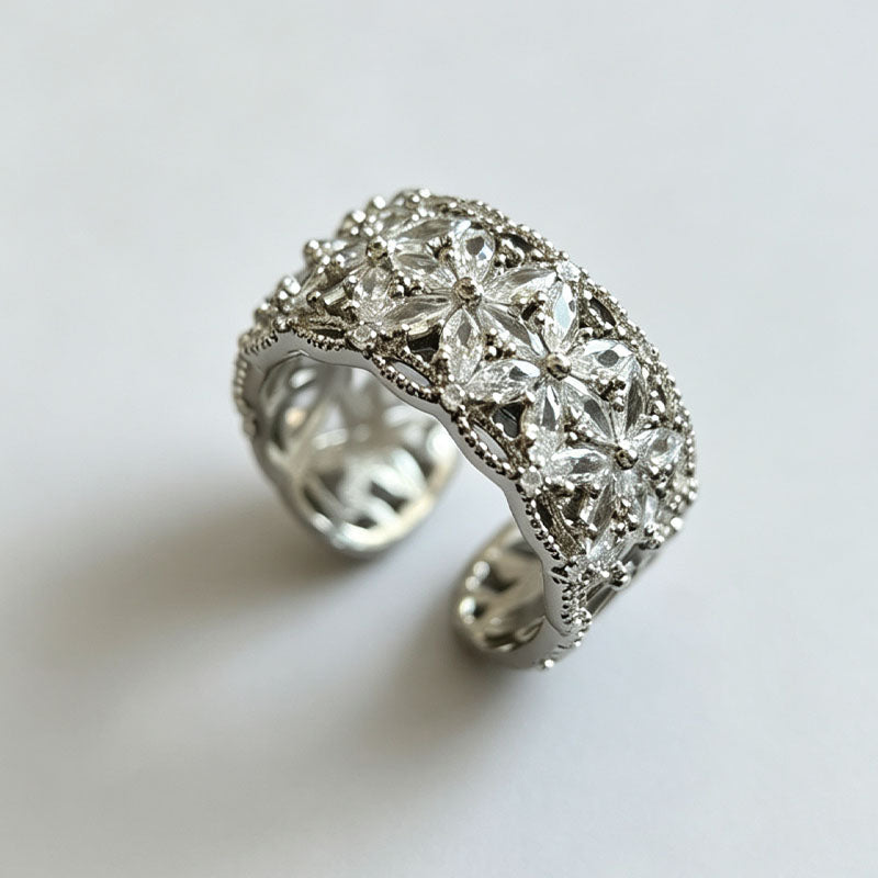 Floral Hollow Zircon Ring — silver ring, view 5