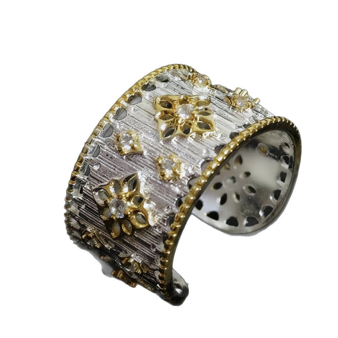 Wide Hollow Lace Floral Ring — gold ring, view 5