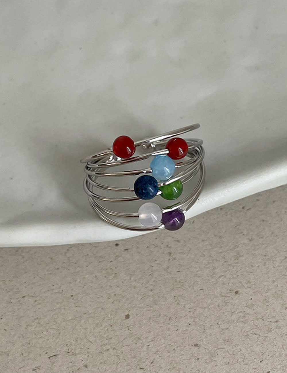 Fine Multi-Layer Beaded Open Ring — silver ring
