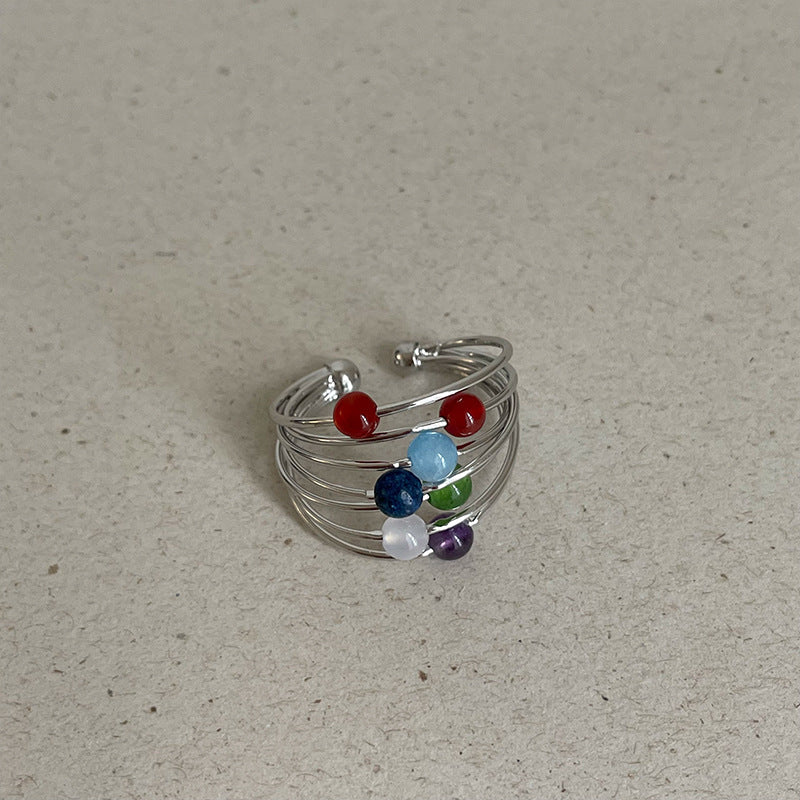 Fine Multi-Layer Beaded Open Ring — silver ring, view 4