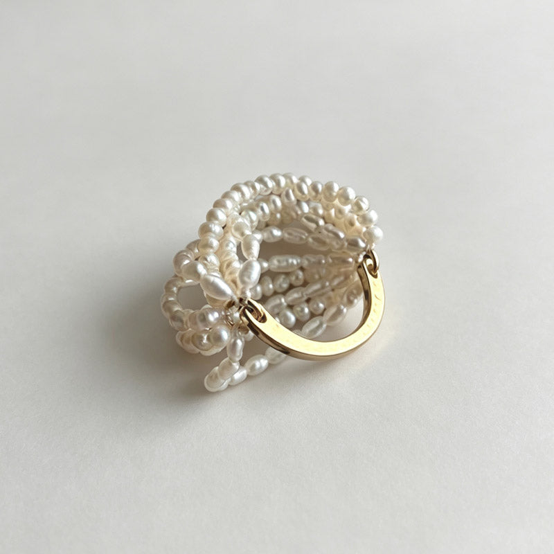 Layered Pearl-Style Chain Ring — gold ring, view 2