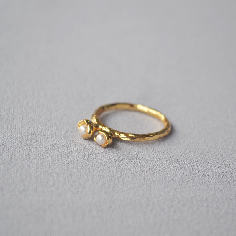 Double Bud Pearl Band Ring — gold ring, view 2