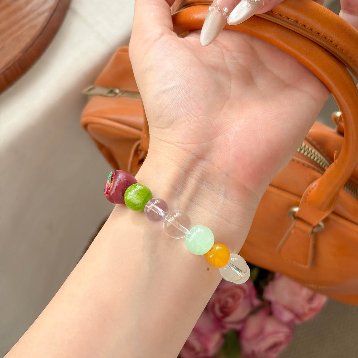 Apple Charm Beaded Chain Bracelet — colorful bracelet, view 2