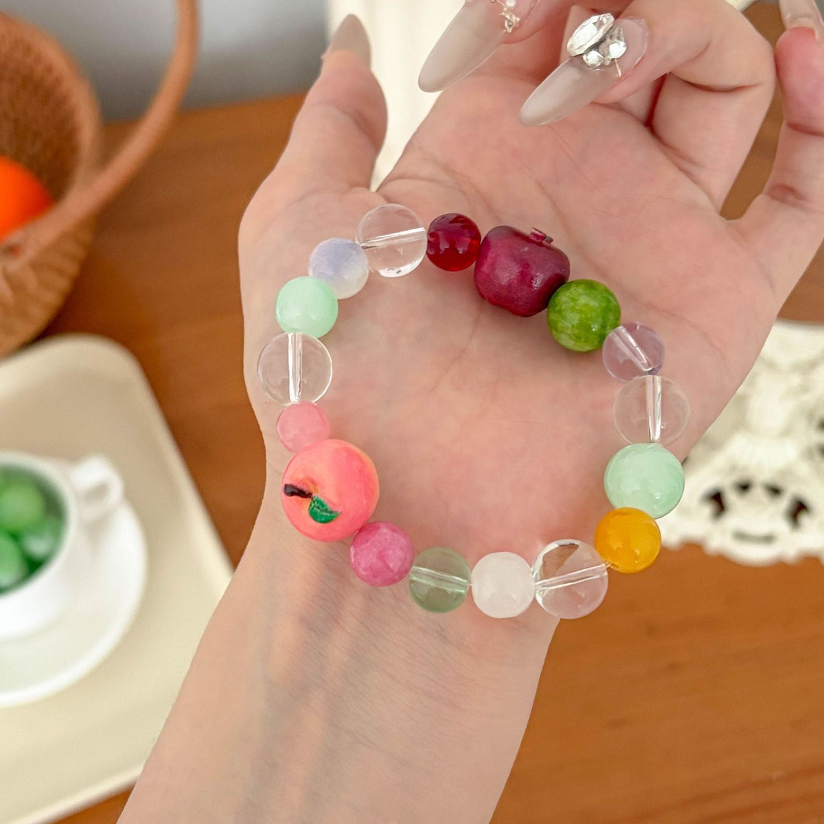 Apple Charm Beaded Chain Bracelet — colorful bracelet, view 3