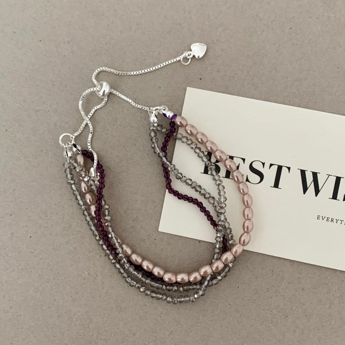 Pink Pearl Beaded Chain Bracelet — purple bracelet, view 2