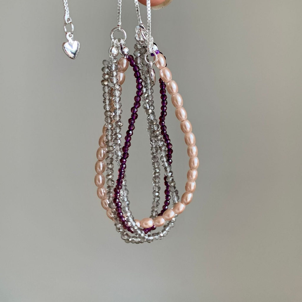 Pink Pearl Beaded Chain Bracelet — purple bracelet, view 3