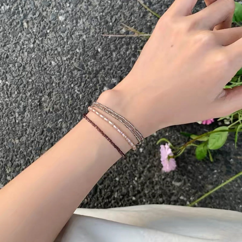 Pink Pearl Beaded Chain Bracelet — purple bracelet, view 4