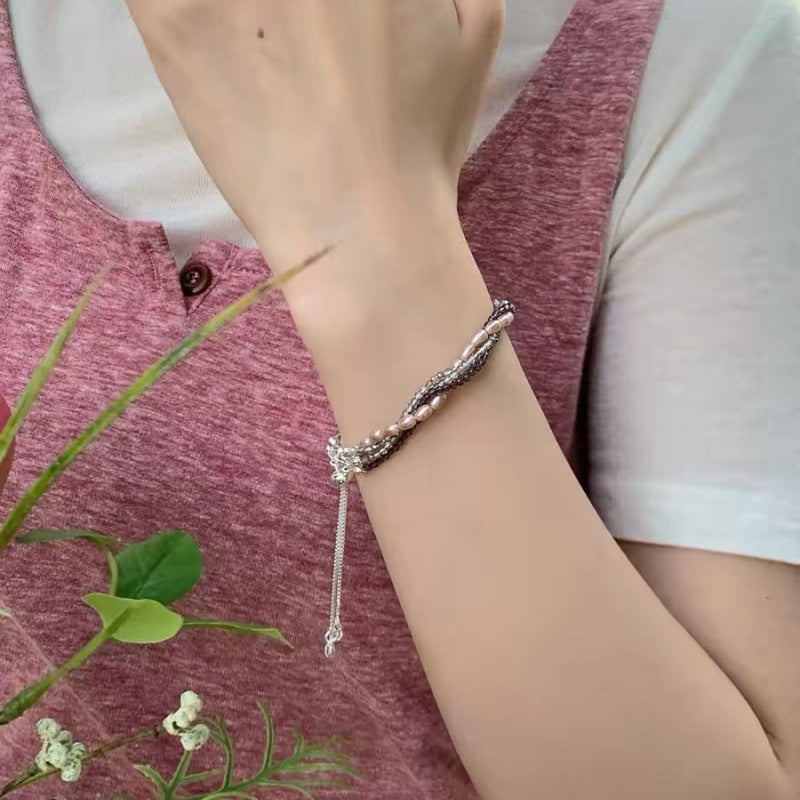 Pink Pearl Beaded Chain Bracelet — purple bracelet, view 5