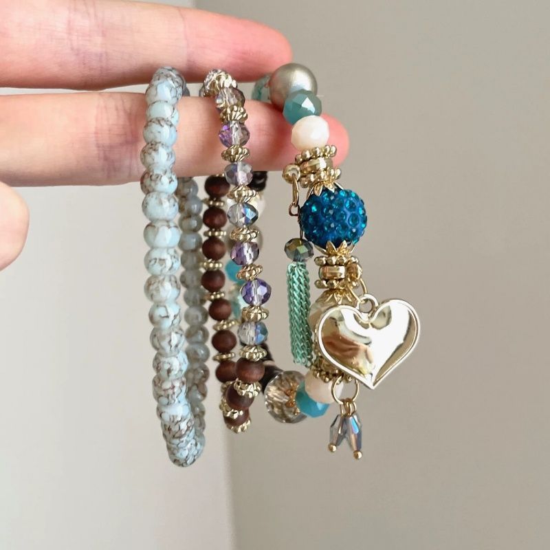 Heart Pendant Beaded Chain Bracelet — blue bracelet, view 2