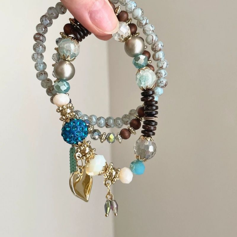 Heart Pendant Beaded Chain Bracelet — blue bracelet, view 3