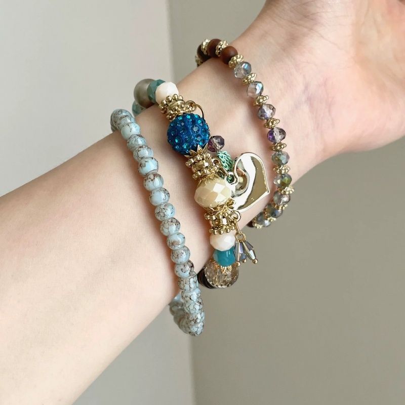Heart Pendant Beaded Chain Bracelet — blue bracelet, view 4